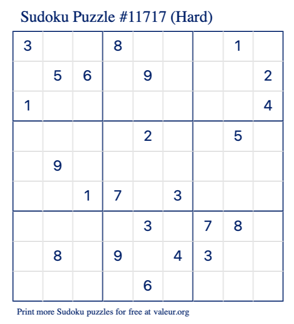Free Printable Hard Sudoku Puzzle number 11717