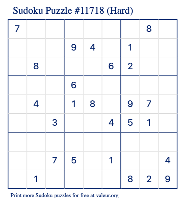 Free Printable Hard Sudoku Puzzle number 11718