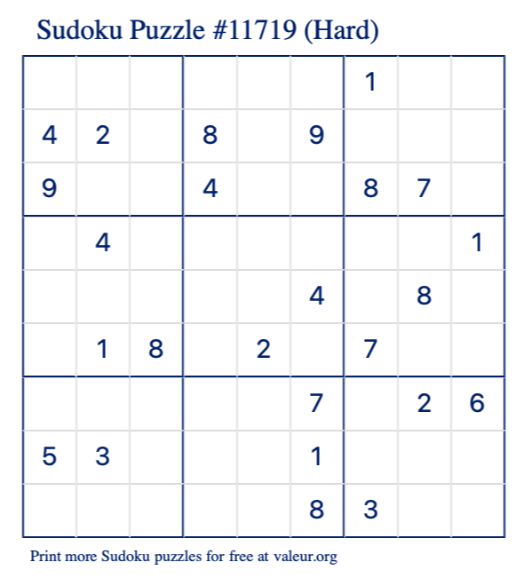 Free Printable Hard Sudoku Puzzle number 11719
