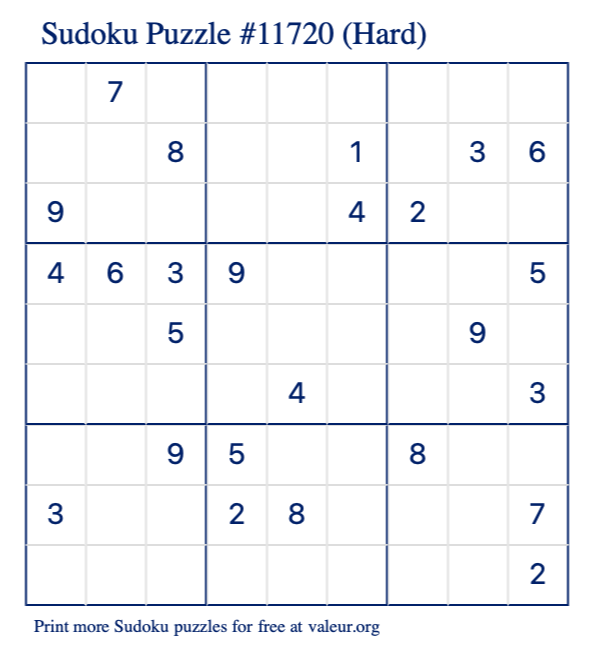 Free Printable Hard Sudoku Puzzle number 11720