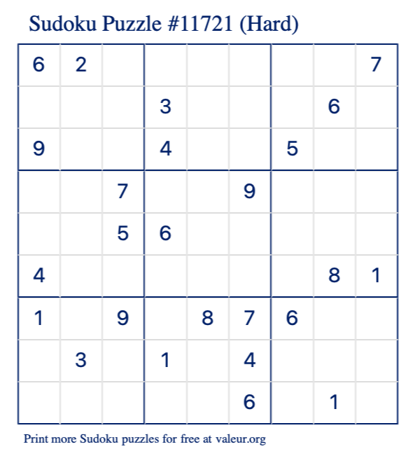 Free Printable Hard Sudoku Puzzle number 11721