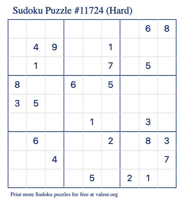 Free Printable Hard Sudoku Puzzle number 11724