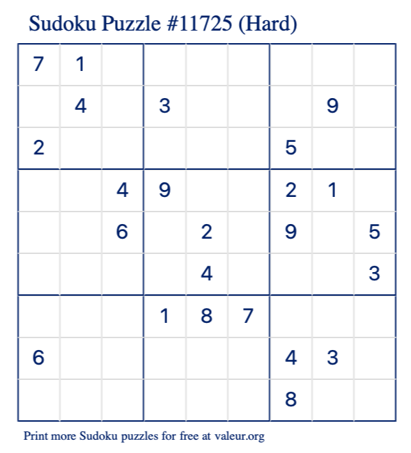 Free Printable Hard Sudoku Puzzle number 11725