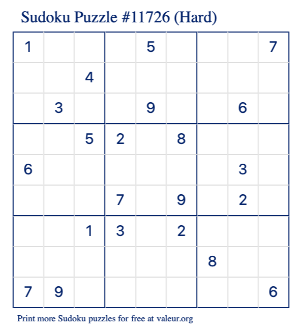 Free Printable Hard Sudoku Puzzle number 11726