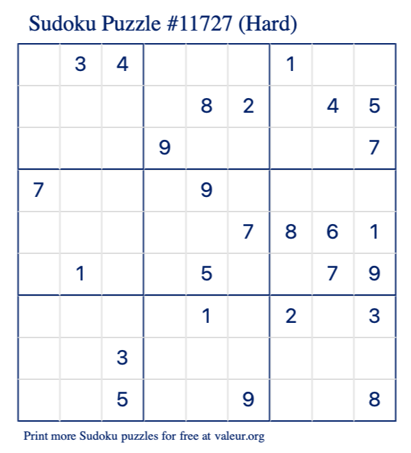 Free Printable Hard Sudoku Puzzle number 11727