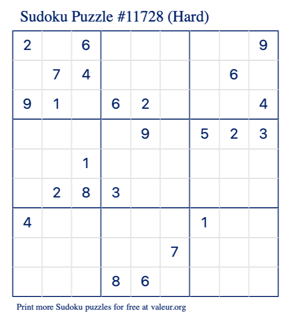 Free Printable Hard Sudoku Puzzle number 11728