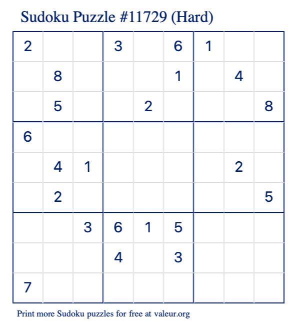 Free Printable Hard Sudoku Puzzle number 11729