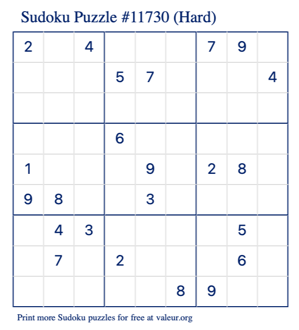 Free Printable Hard Sudoku Puzzle number 11730