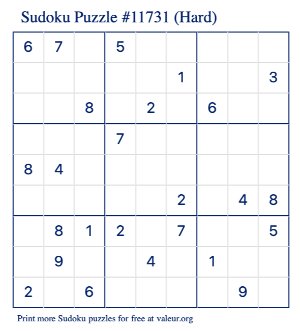 Free Printable Hard Sudoku Puzzle number 11731