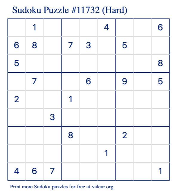 Free Printable Hard Sudoku Puzzle number 11732