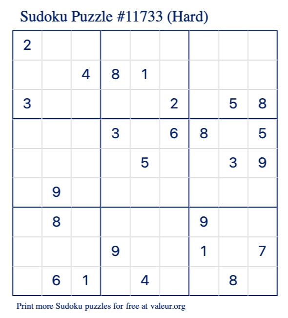 Free Printable Hard Sudoku Puzzle number 11733