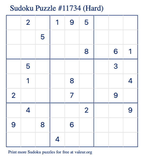 Free Printable Hard Sudoku Puzzle number 11734