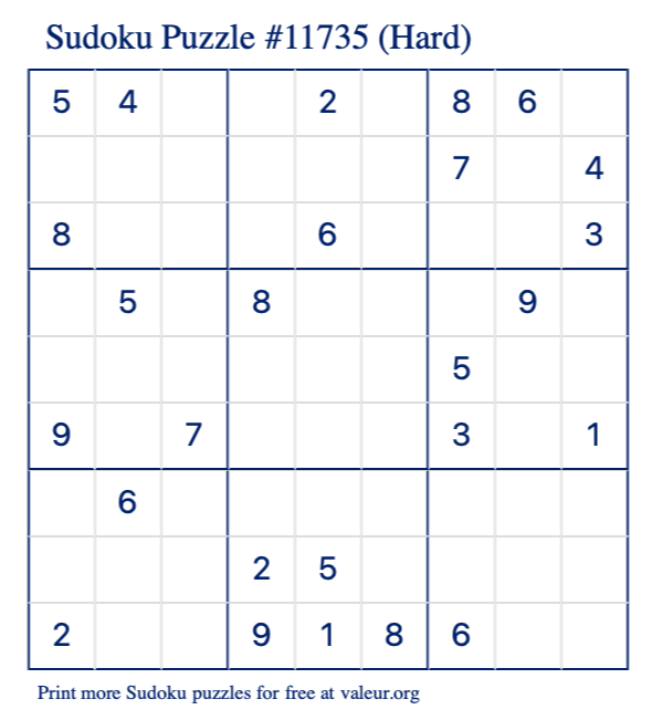 Free Printable Hard Sudoku Puzzle number 11735