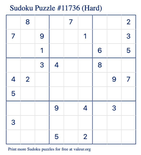 Free Printable Hard Sudoku Puzzle number 11736