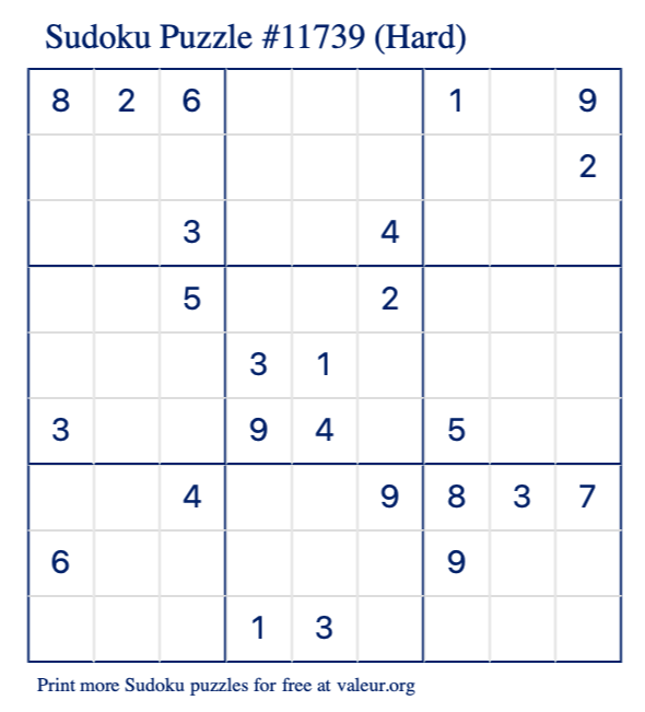 Free Printable Hard Sudoku Puzzle number 11739