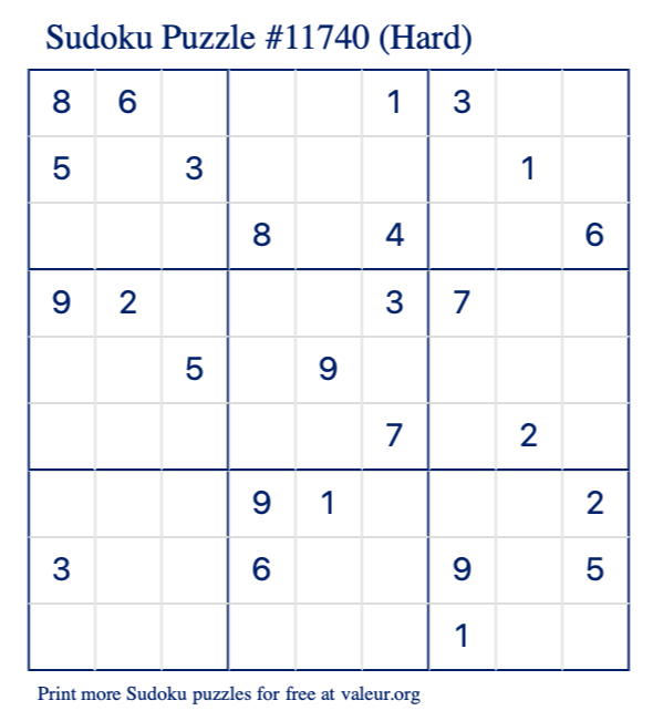 Free Printable Hard Sudoku Puzzle number 11740