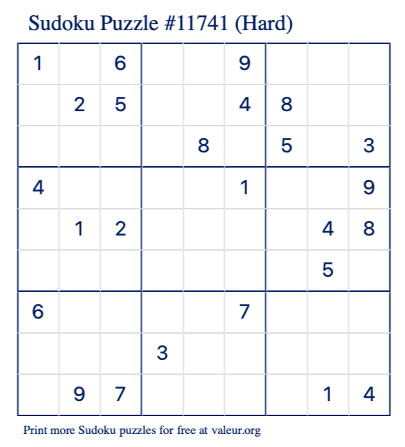 Free Printable Hard Sudoku Puzzle number 11741