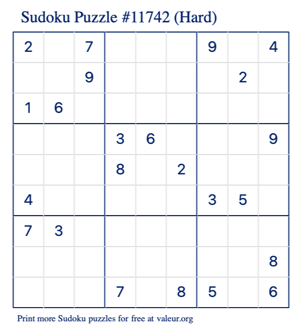 Free Printable Hard Sudoku Puzzle number 11742