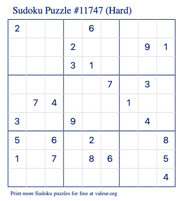 Free Printable Hard Sudoku Puzzle number 11747