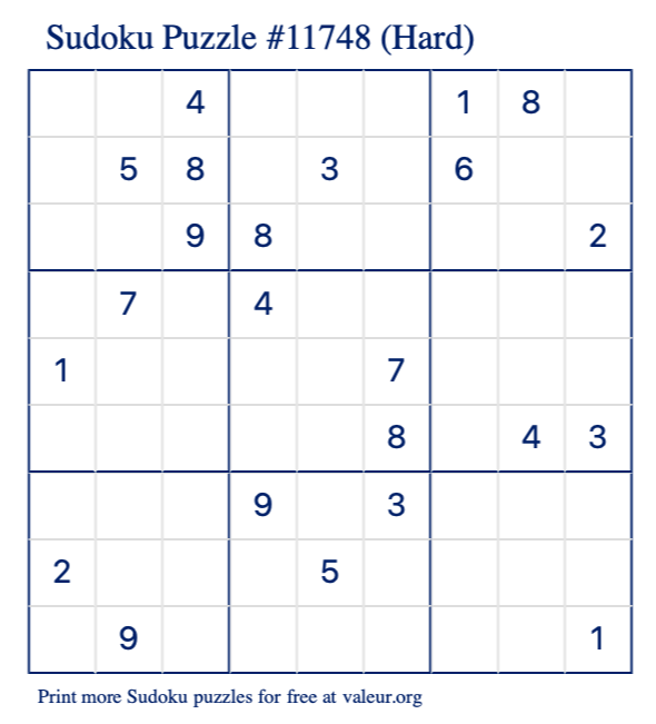 Free Printable Hard Sudoku Puzzle number 11748