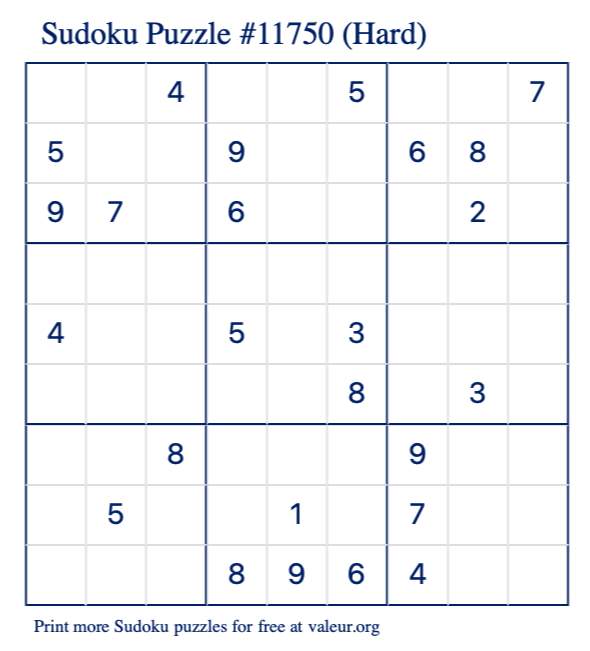Free Printable Hard Sudoku Puzzle number 11750
