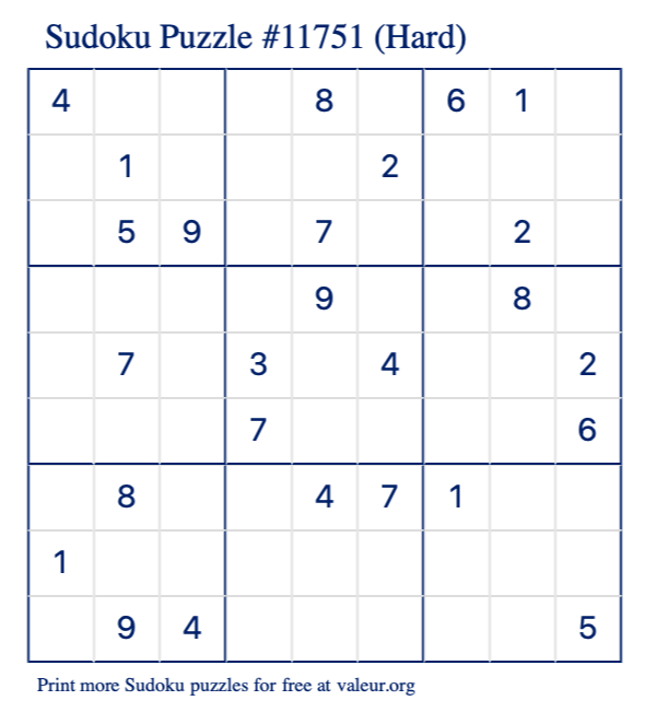 Free Printable Hard Sudoku Puzzle number 11751