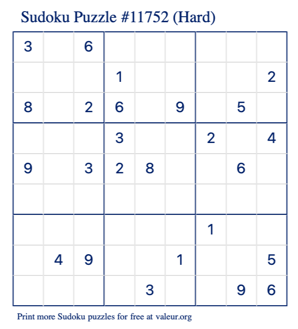 Free Printable Hard Sudoku Puzzle number 11752