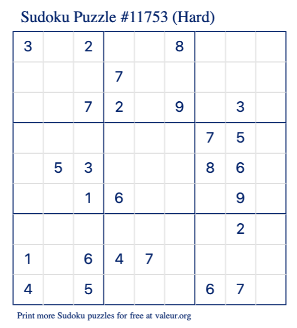 Free Printable Hard Sudoku Puzzle number 11753