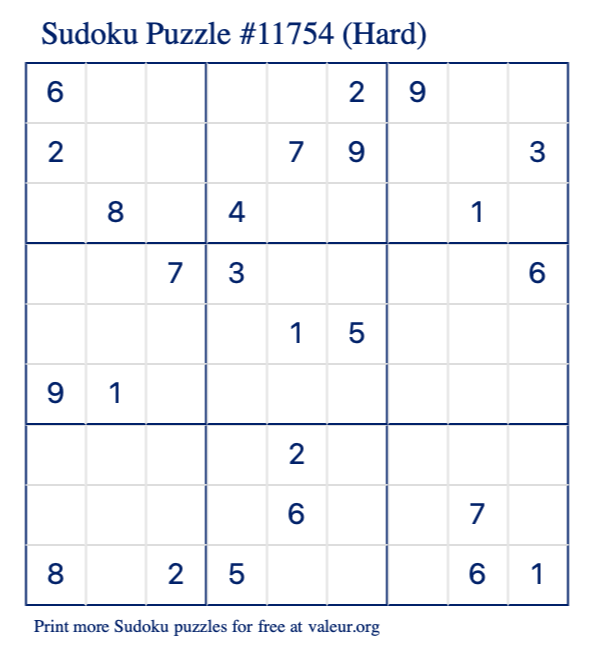 Free Printable Hard Sudoku Puzzle number 11754