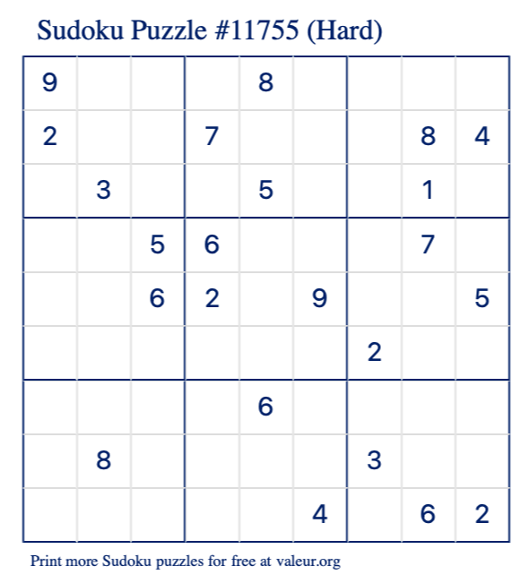 Free Printable Hard Sudoku Puzzle number 11755