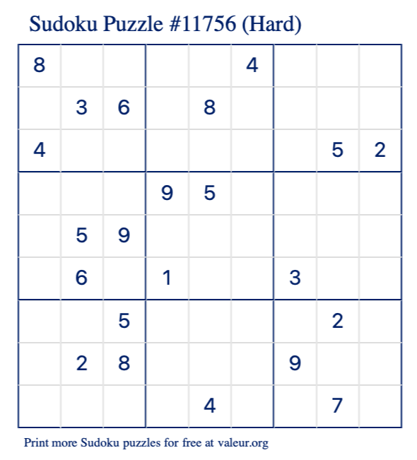 Free Printable Hard Sudoku Puzzle number 11756