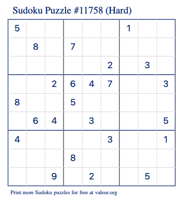 Free Printable Hard Sudoku Puzzle number 11758
