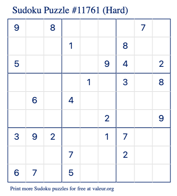 Free Printable Hard Sudoku Puzzle number 11761