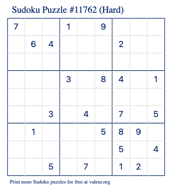 Free Printable Hard Sudoku Puzzle number 11762
