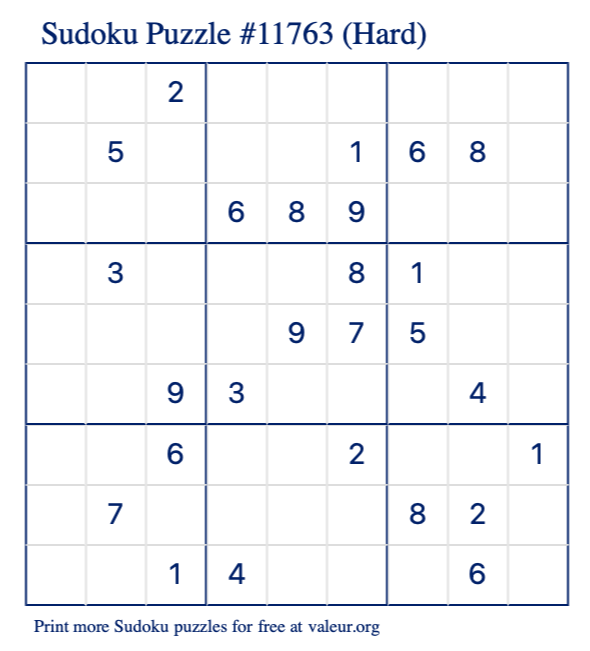 Free Printable Hard Sudoku Puzzle number 11763