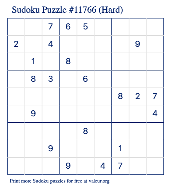 Free Printable Hard Sudoku Puzzle number 11766