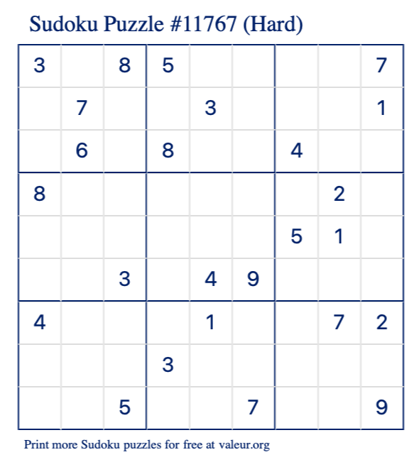 Free Printable Hard Sudoku Puzzle number 11767