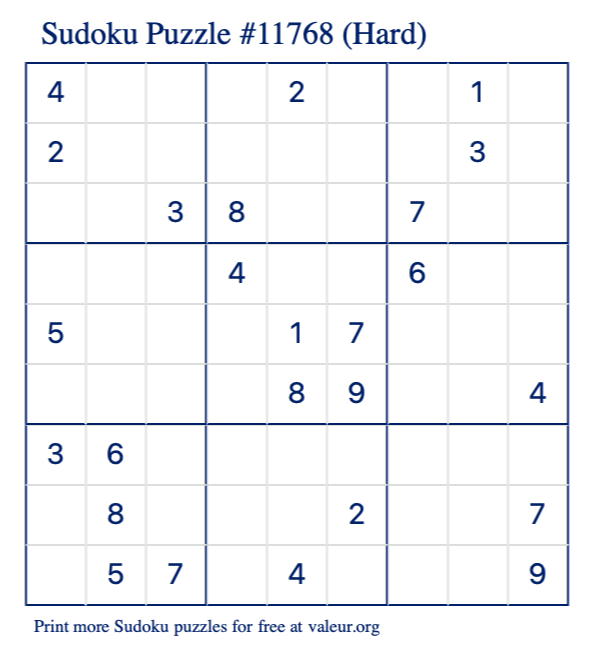 Free Printable Hard Sudoku Puzzle number 11768