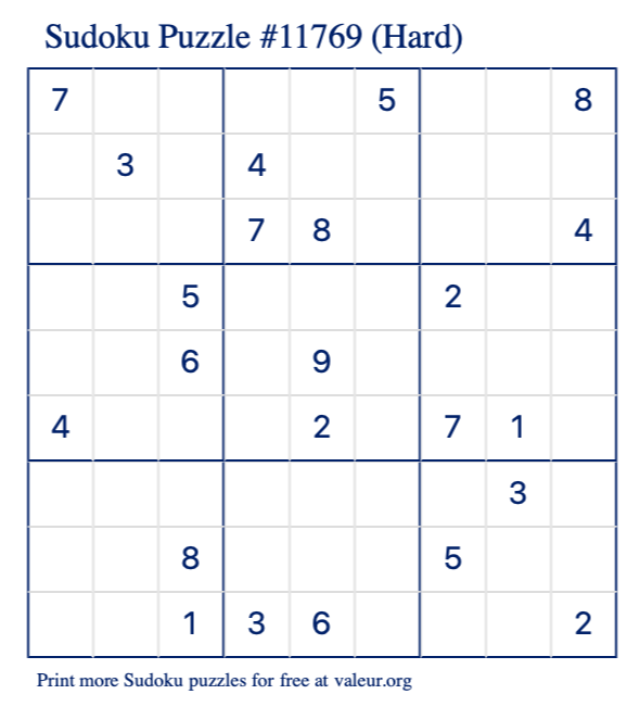 Free Printable Hard Sudoku Puzzle number 11769