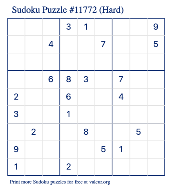 Free Printable Hard Sudoku Puzzle number 11772