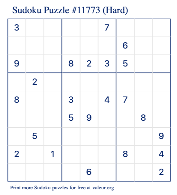 Free Printable Hard Sudoku Puzzle number 11773