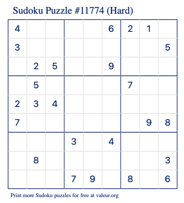 Free Printable Hard Sudoku Puzzle number 11774