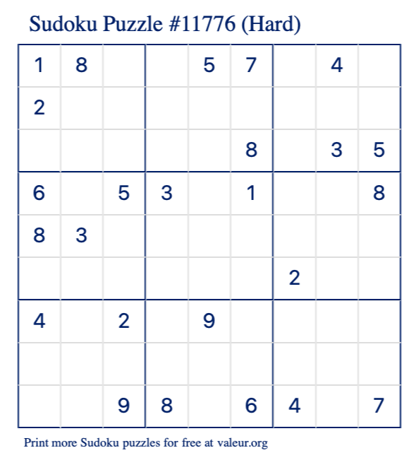 Free Printable Hard Sudoku Puzzle number 11776