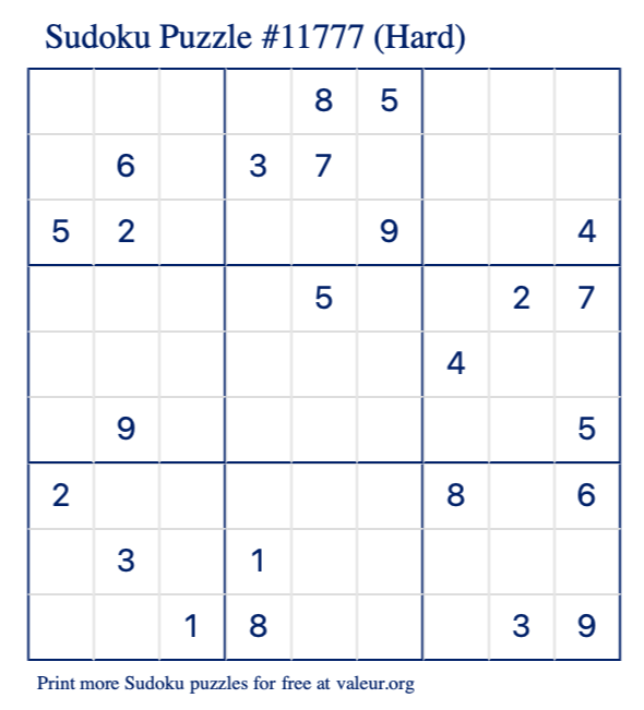 Free Printable Hard Sudoku Puzzle number 11777