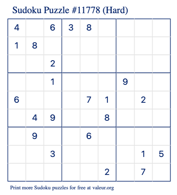 Free Printable Hard Sudoku Puzzle number 11778