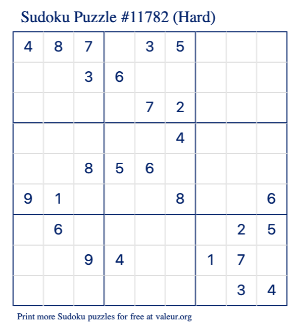 Free Printable Hard Sudoku Puzzle number 11782