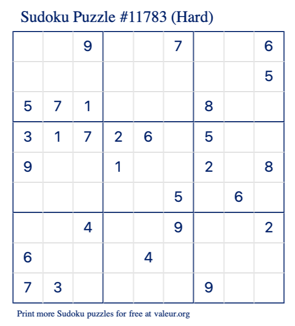 Free Printable Hard Sudoku Puzzle number 11783