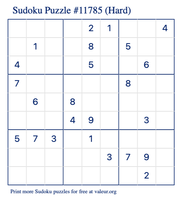 Free Printable Hard Sudoku Puzzle number 11785