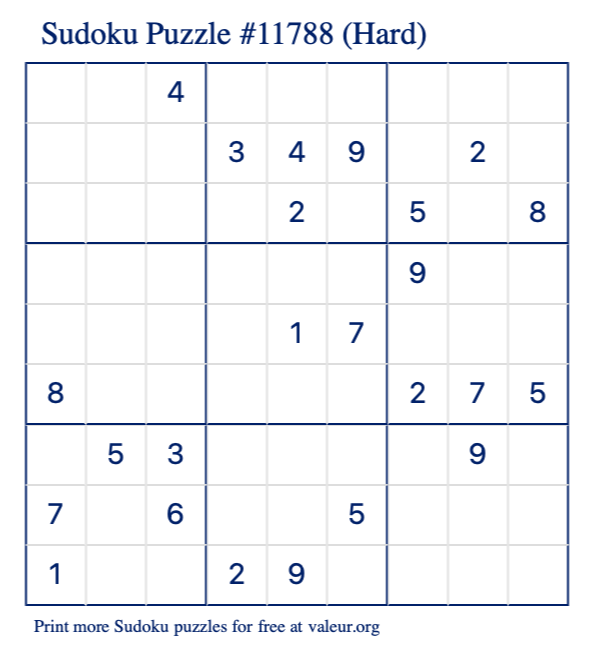 Free Printable Hard Sudoku Puzzle number 11788