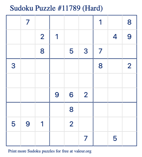 Free Printable Hard Sudoku Puzzle number 11789